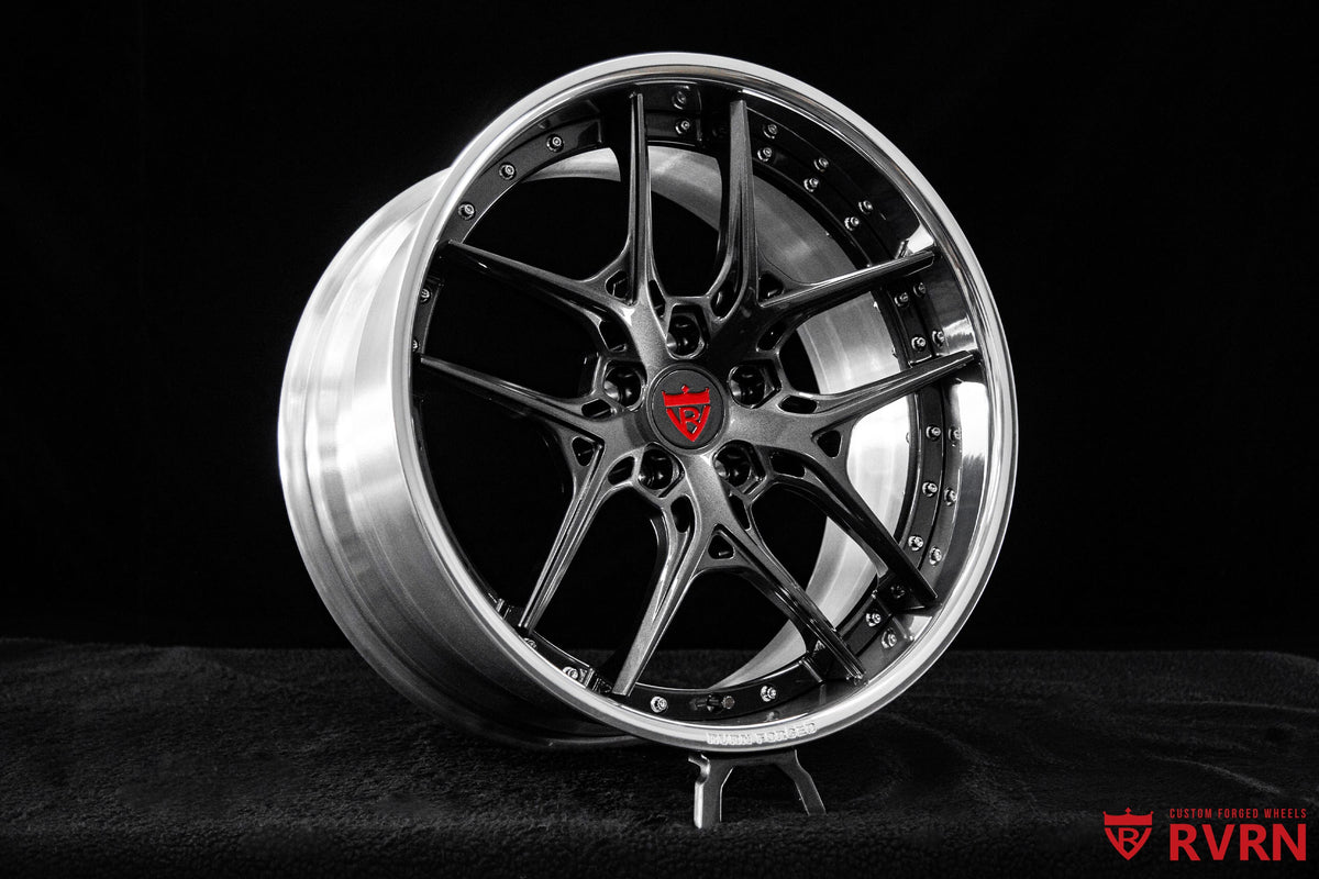 RVRN forged wheels for Camaro 2SS combining polished aluminum and gloss gunmetal gray finishes in a Y spoke layout
