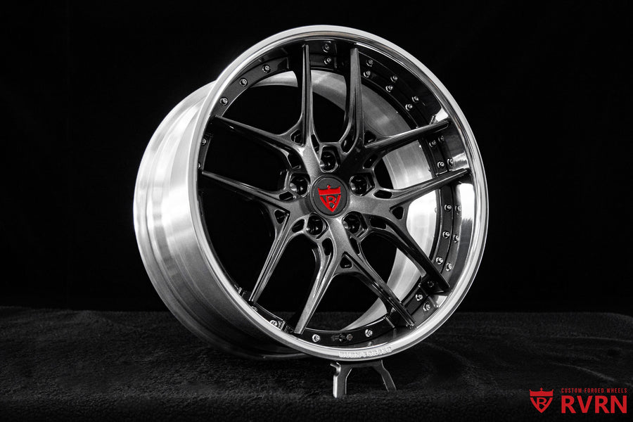 RVRN forged wheels for Camaro 2SS combining polished aluminum and gloss gunmetal gray finishes in a Y spoke layout