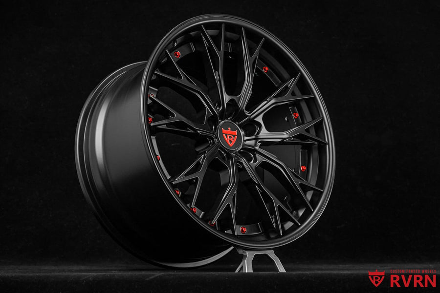 RV-DC04 two-piece forged wheel for a 2020 Chevy Camaro in matte black with RVRN Red screw accents