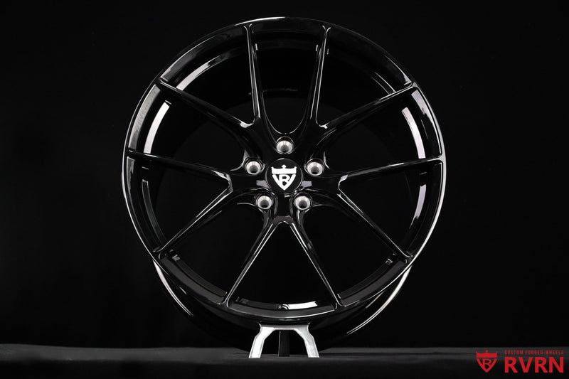 Full view of RVRN RV-MF11 Ferrari forged wheels with Y-spoke concave design, all-gloss-black finish and custom 20x10 +35MM, 20x11.5 +40MM fitment