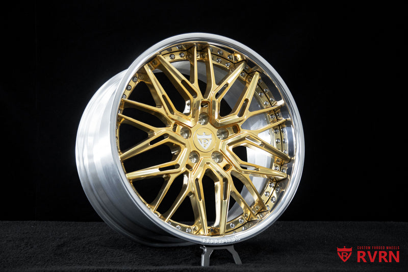 Polished frozen gold spoke detail on RV-T081 forged wheels for 2020 Infiniti Q60 Red Sport