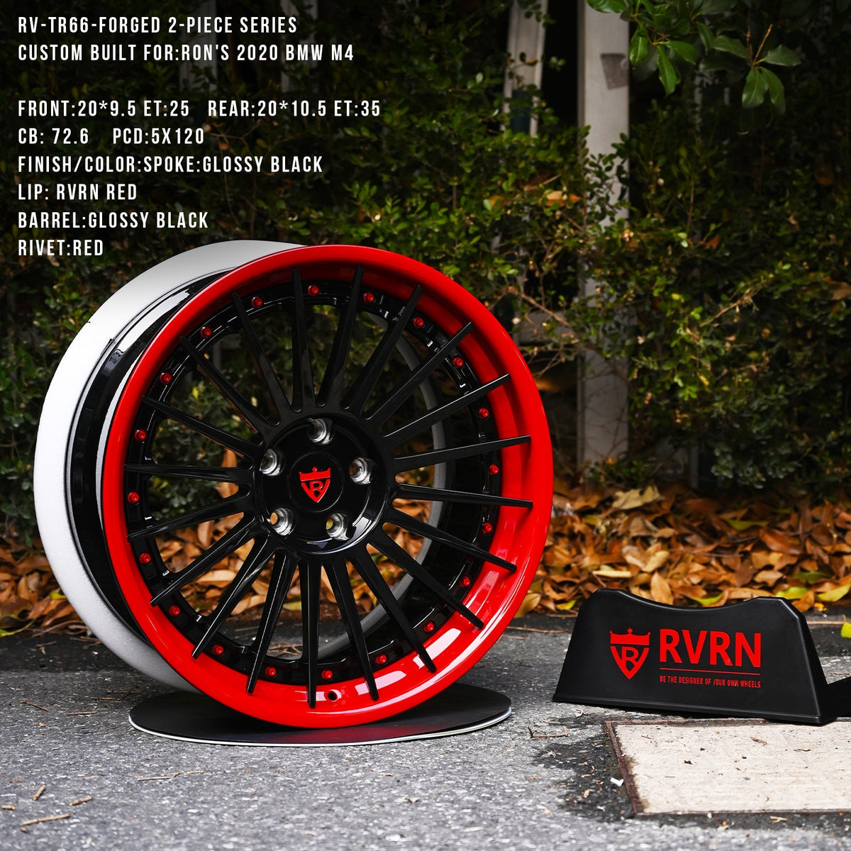 2020 BMW M4 on RVRN RV-TR66 forged wheels in Gloss Black Spoke and RVRN Red Lip and RVRN Red Screws (photo 01)
