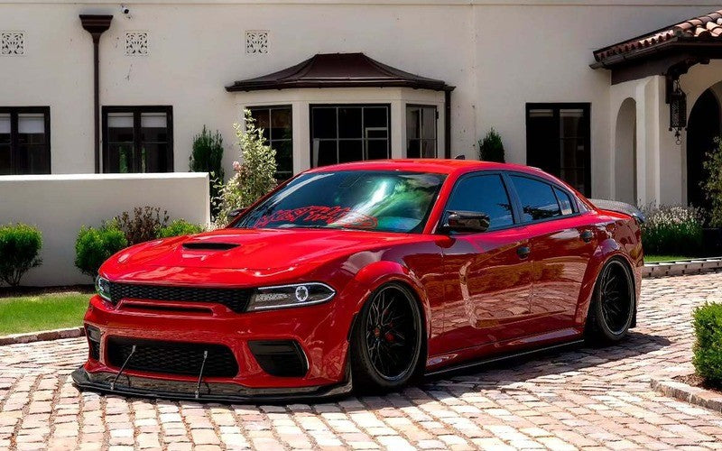 2020 Dodge Charger 392 Scatpack Widebody on RVRN RV-T081 2-piece deep dish custom forged wheels, side profile showing the slammed stance and widebody arches.