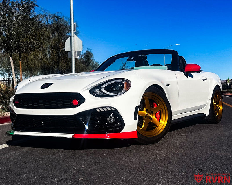 2020 Fiat 124 Abarth on RVRN RV-MJ010 monoblock 5-spoke custom forged wheels in Brushed Dark Gold, front three-quarter view with red Brembo calipers.
