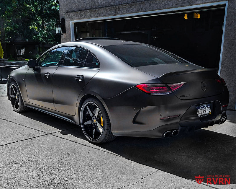 2020 Mercedes AMG CLS 53 rims with RVRN RV-DF14 5-spoke deep dish custom forged 2-piece wheels in gloss black with shiny bronze screws, 20x8.5 front and 20x10 rear.