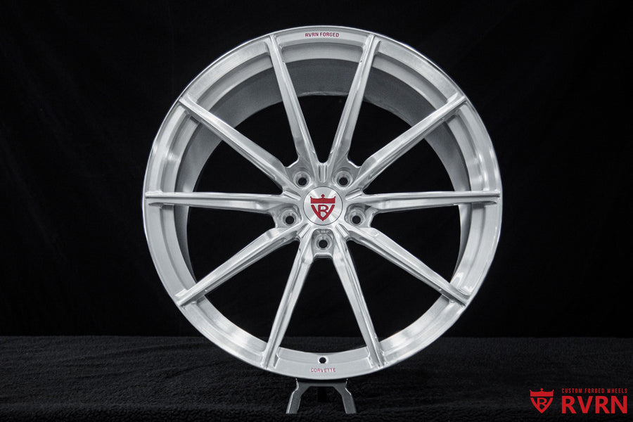 Brushed Aluminium seven-spoke forged wheel with polished lip, RVRN RV-MJ02 custom wheels for the 2021 Corvette C8 Stingray