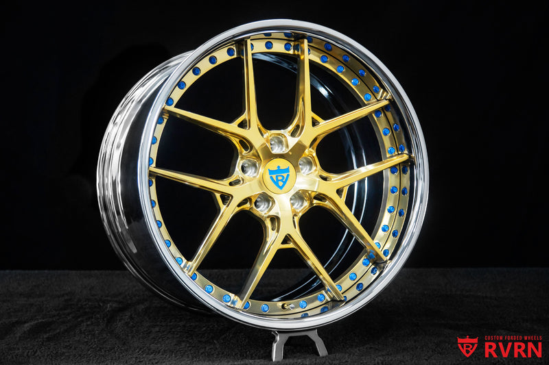 Finished RVRN RV-DR08 project on a 2021 Corvette C8 Z51, showcasing custom Y-spoke forged wheels in Polished Frozen Gold with a Chrome Barrel