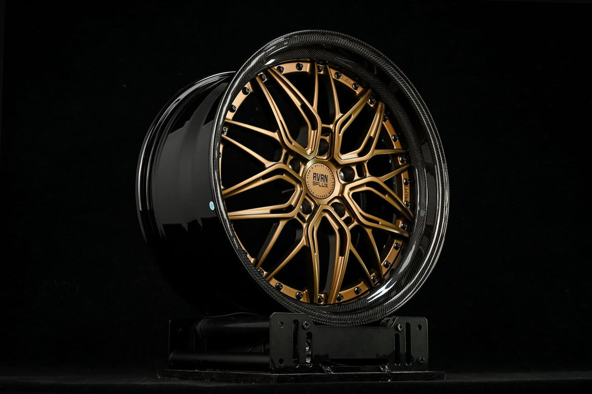 RV-T081 step lip two-piece forged wheel for a 2021 Porsche 718 Cayman T in matte bronze with a gloss black barrel