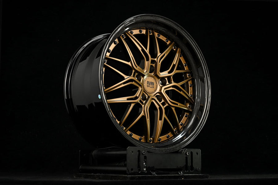 RV-T081 step lip two-piece forged wheel for a 2021 Porsche 718 Cayman T in matte bronze with a gloss black barrel