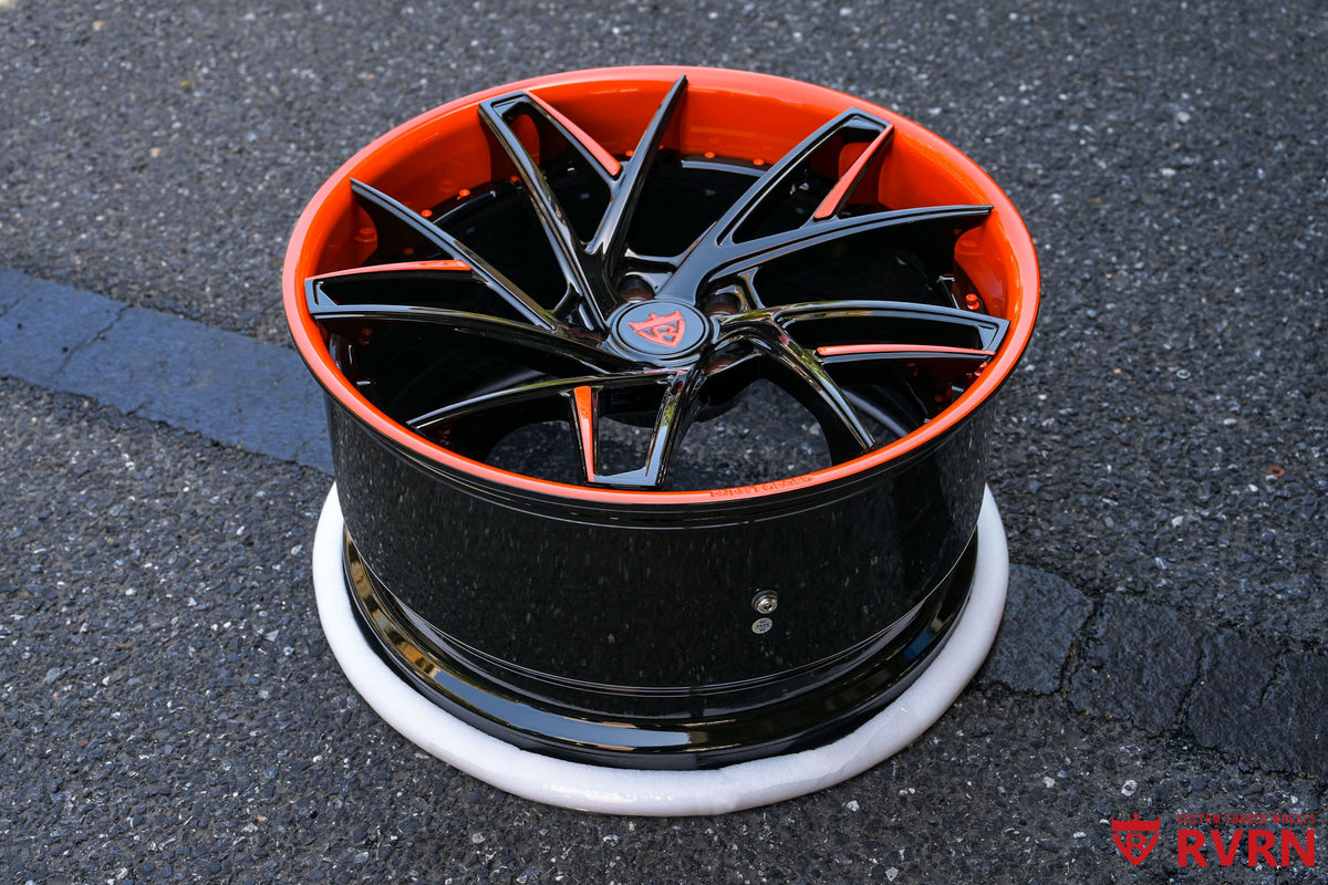 2021 Corvette C8 Stingray custom concave forged wheels, RVRN RV-DS74, Gloss Black and Color-Matched Sebring Orange, 20x8.5 +29MM / 21x11 +40MM