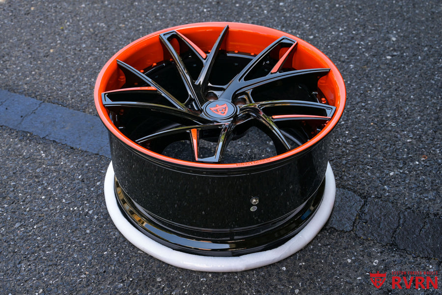 2021 Corvette C8 Stingray custom concave forged wheels, RVRN RV-DS74, Gloss Black and Color-Matched Sebring Orange, 20x8.5 +29MM / 21x11 +40MM