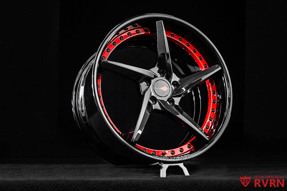 2021 Corvette Z51 Black & Red Wheels: RV-DC35 custom forged wheel by RVRN showcasing unique design and craftsmanship.