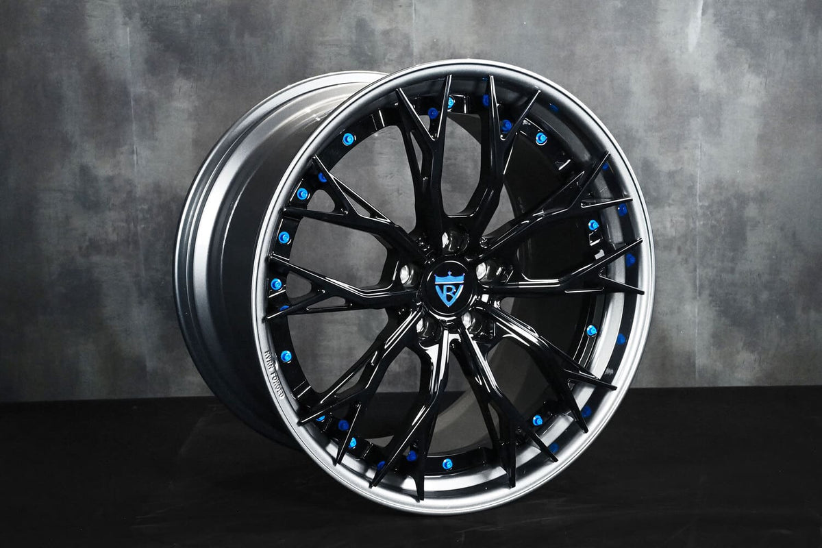 2022 Corvette C8 Stingray custom 2-piece forged wheels, RVRN RV-DC04, Gloss Black and Dark Gunmetal Gray, 20x9 +45MM / 21x12 +64MM