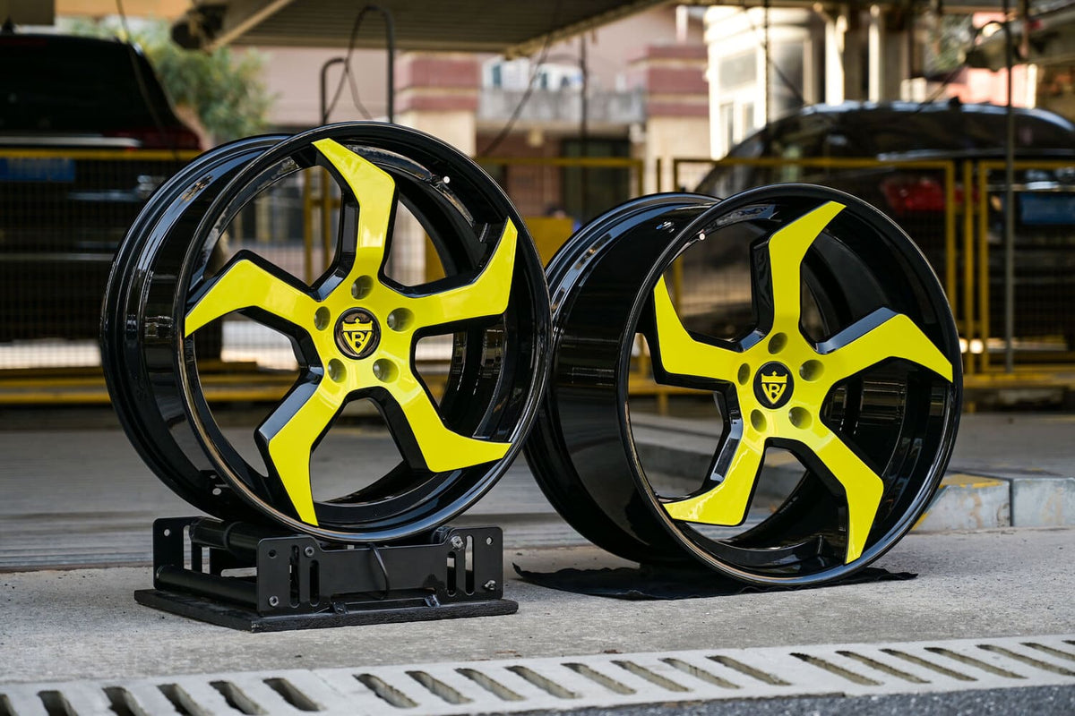 2022 Corvette C8 Stingray custom 2-piece forged wheels, RVRN RV-DC25, Color-Matched Corvette Accelerate Yellow and Gloss Black, 22x9 +43MM / 21x12 +59MM