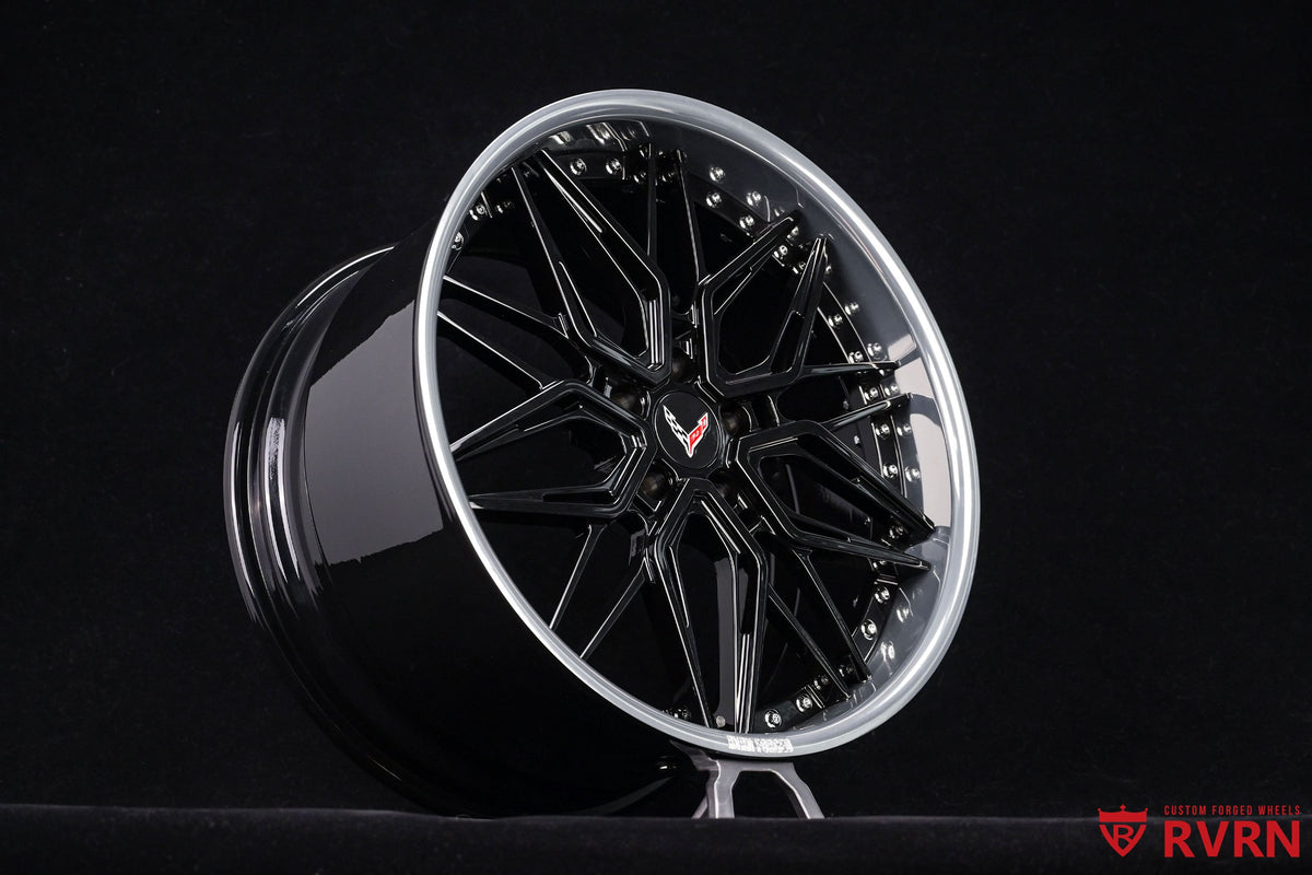 Gloss Black forged wheel with polished aluminium inner lip, RVRN RV-T081 custom wheels for the 2022 Corvette C8 Stingray