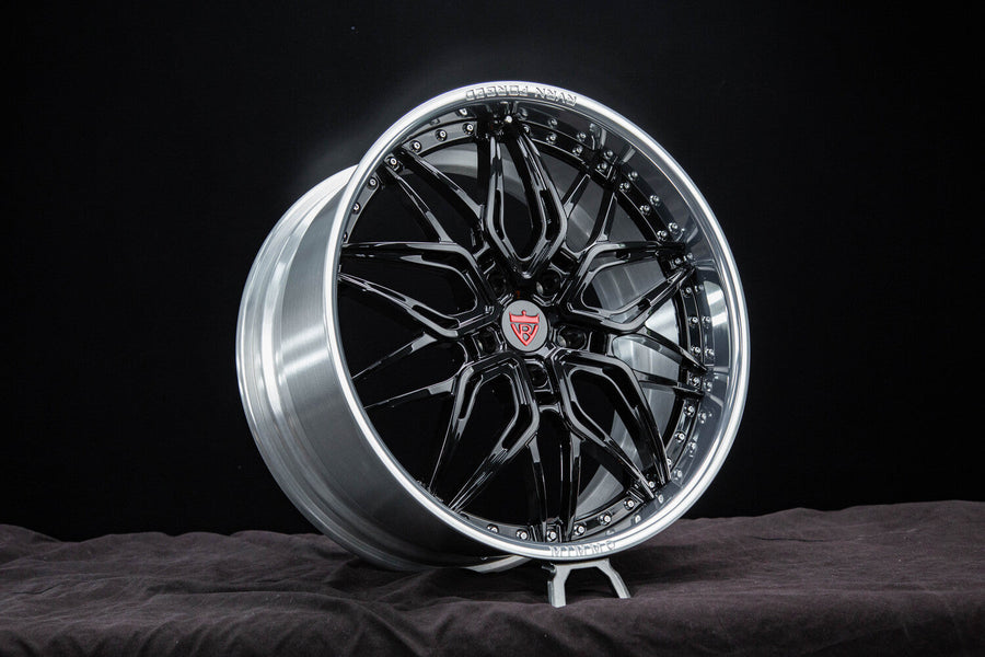 RV-T081 two-piece forged wheel for a 2022 Porsche Taycan GTS with polished black spokes and a chrome barrel