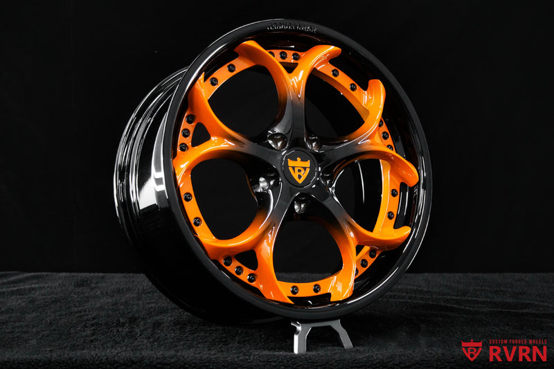 Gloss black RVRN RV-DS016 wheels for the Corvette C8 Stingray, featuring an orange and black spoke finish and custom 19x8.5 +38MM / 20x11 +48MM fitment