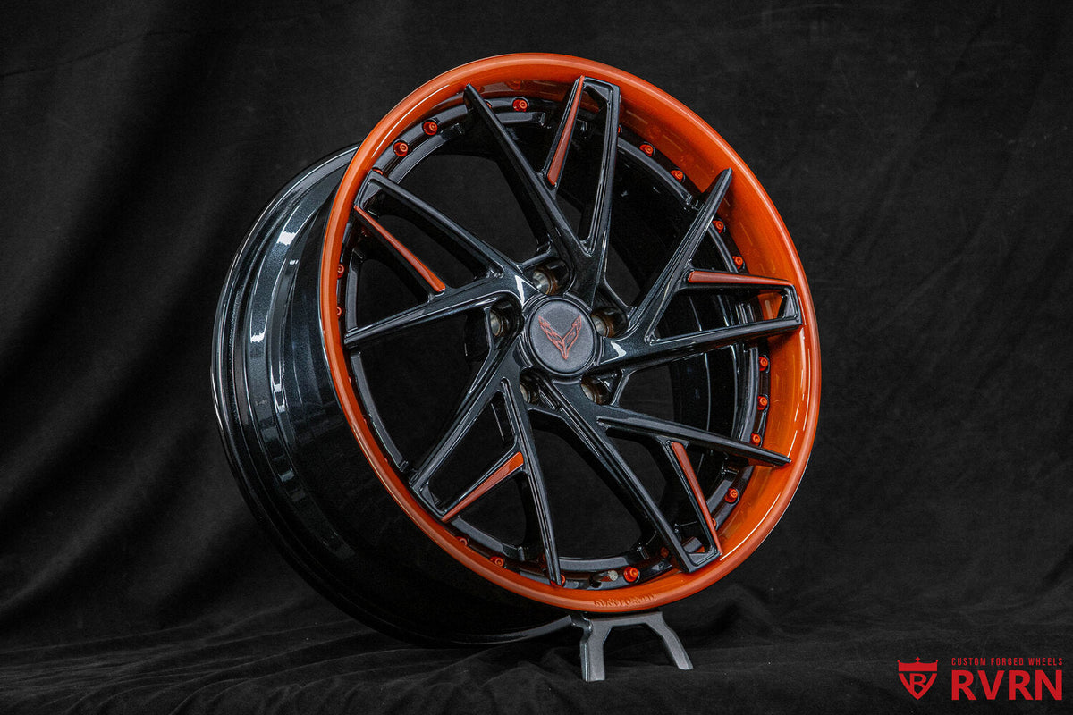 2022 corvette C8 Z51 Custom Concave Color-Matched Carbon Flash Metallic & Amplify Orange Forged Wheels: RV-DS74