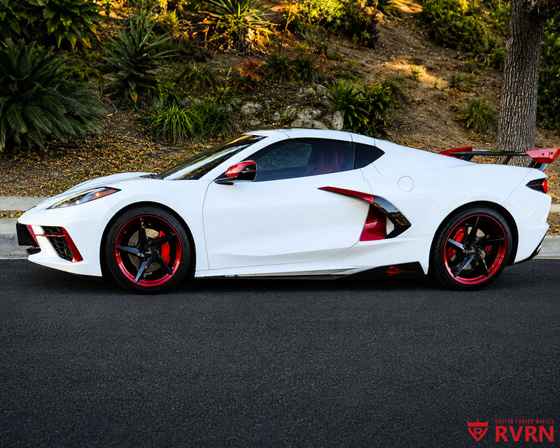 2022 Corvette C8 Stingray on RVRN RV-MC35 5-spoke super concave forged wheels, Black Cherry Red barrel with Gloss Black spoke