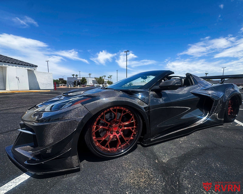 2022 Corvette C8 Stingray Z51 widebody on RVRN RV-DR16 2-piece deep dish forged wheels in Rose Gold, side profile showing the slammed stance and carbon fiber widebody.