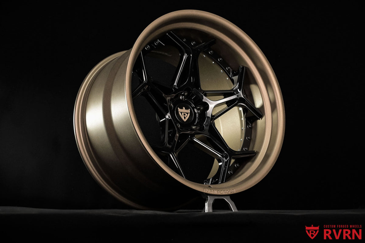 Custom forged wheels for Corvette C8 featuring RVRN RV-DR01 2-piece design, 20x11 front and 21x13 rear fitment, deep concave Y-spoke styling.