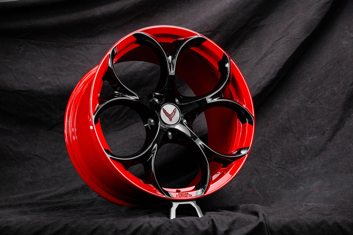 2023 Corvette C8 Stingray Custom Gloss Black & RVRN Red Forged Wheels: RV-MS016