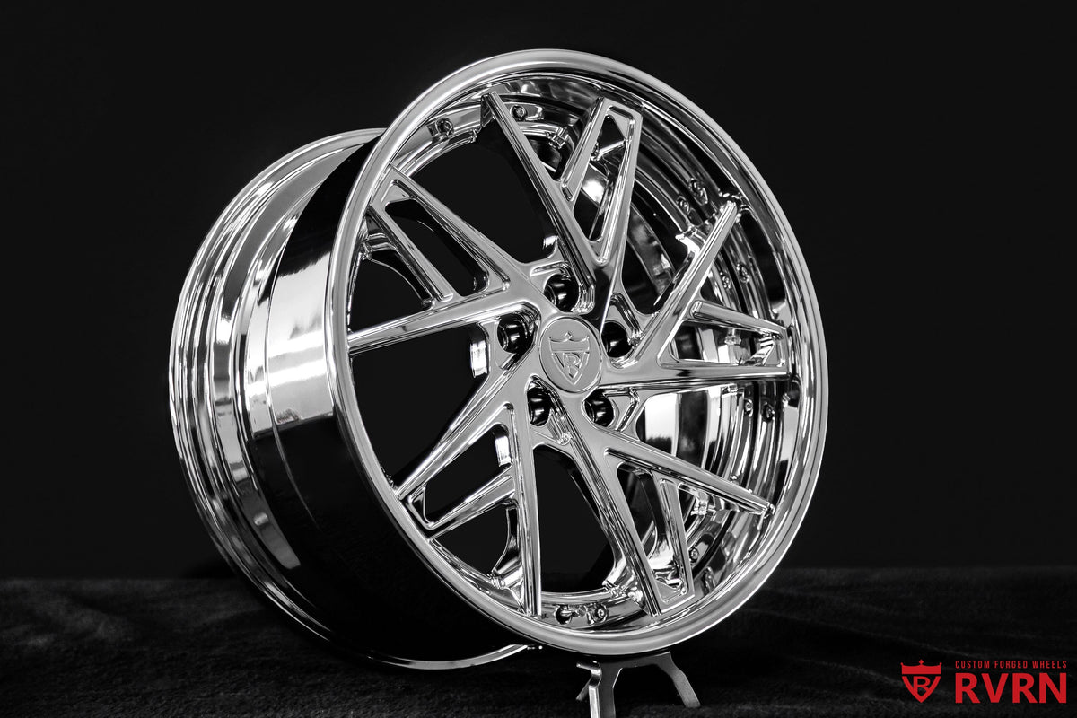 Full view of RVRN RV-DS74 Lexus IS 500 F SPORT forged wheels with directional styling, all-chrome finish and custom 19x9 and 19x10 fitment