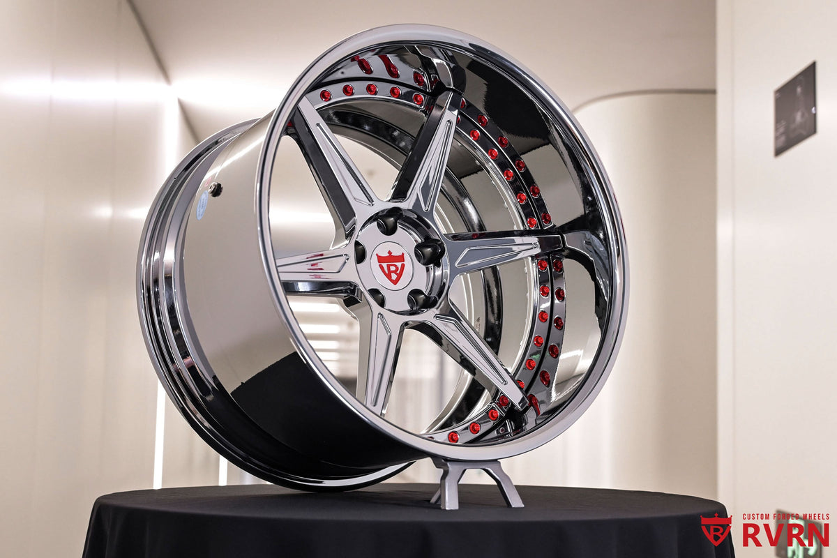 2023 Ford MUSTANG GT WIDEBODY Chrome Wheels :RV-DC19 displayed showcasing RVRN forged chrome wheel design with red accents.