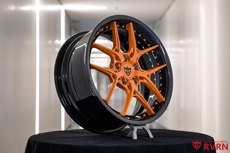 2023 Subaru WRX Limited Custom Orange & Black Forged Wheels: RV-DR08D showcased on display.