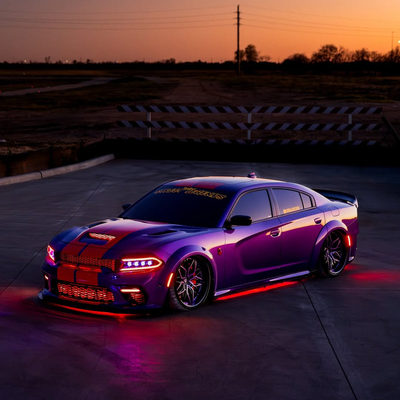 2023 Dodge Charger Widebody with 22-Inch Deep Dish Purple & Black Wheels RV-T081 on a road showcasing custom forged wheels.