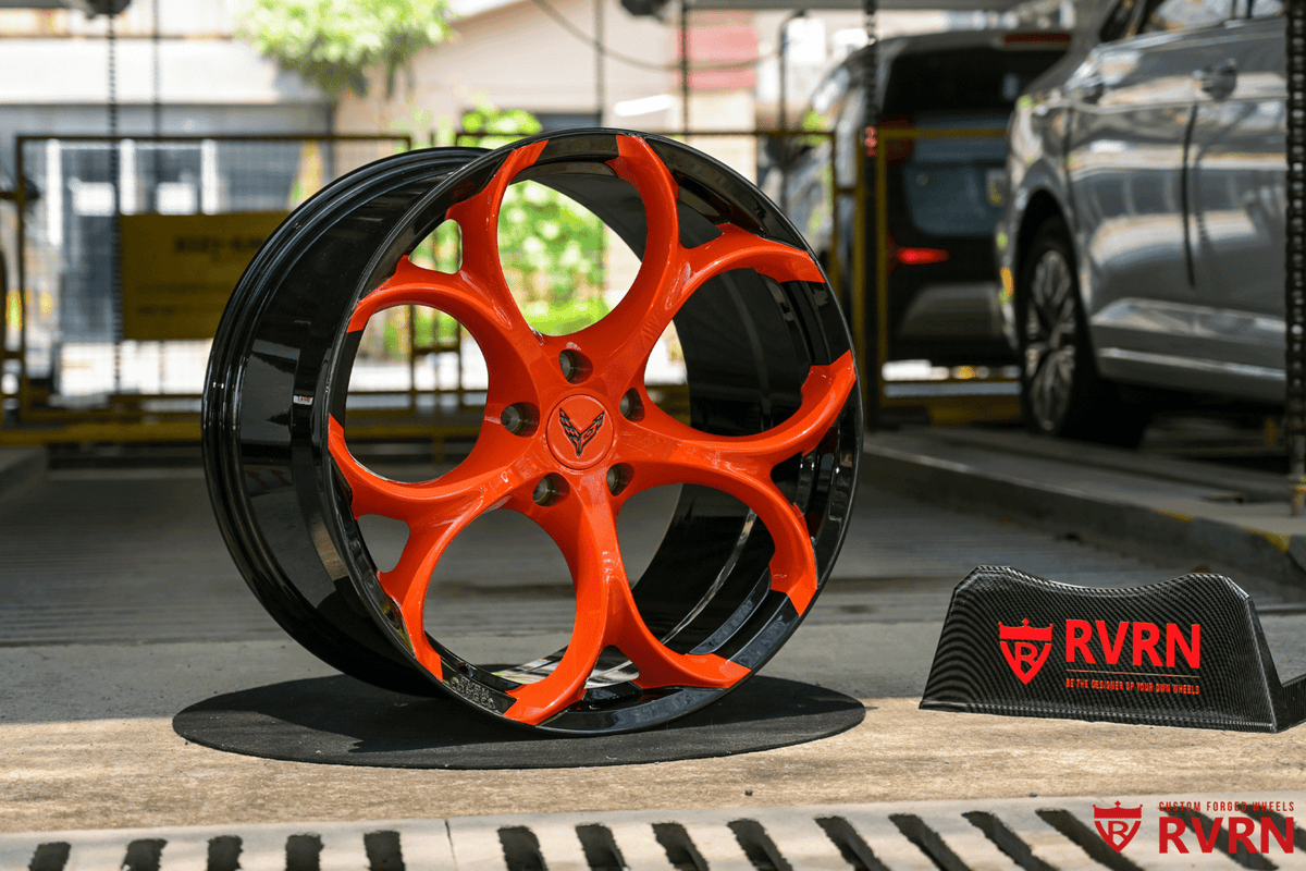 2024 Corvette C8 Z51 custom 1-piece monoblock forged wheels, RVRN RV-MS016, Color-Matched Amplify Orange and Gloss Black, 19x8.5 +30MM / 20x11 +52MM