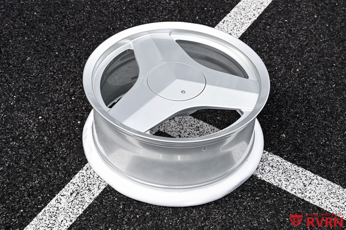 Full set of RVRN RV-MC33 custom forged wheels for 2024 Cadillac CT4, high gloss silver, 18x8 +35mm front and rear