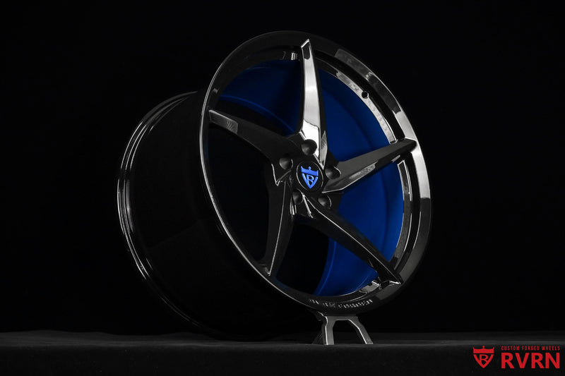 2024 Corvette C8 Z51 Black & Blue Wheels: RV-MC35 custom forged wheel featuring RVRN Wheels design.