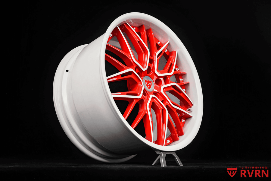 2024 Corvette C8 Stingray custom 2-piece forged wheels, RVRN RV-T081, Ivory White and RVRN Red, 20x9 +38MM / 20x12 +55MM