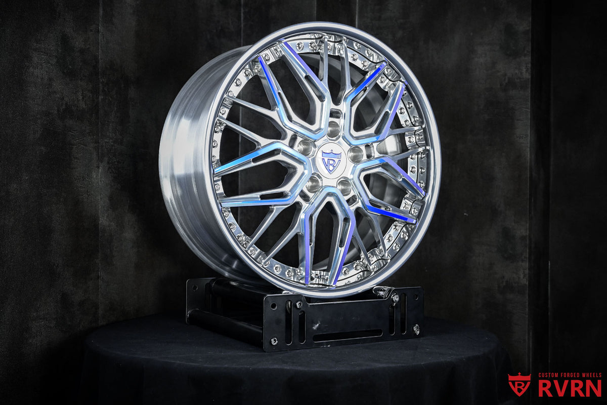 Brushed Silver multi-spoke forged wheel with polished blue accents, RVRN RV-T081 custom wheels for the 2024 Corvette C8