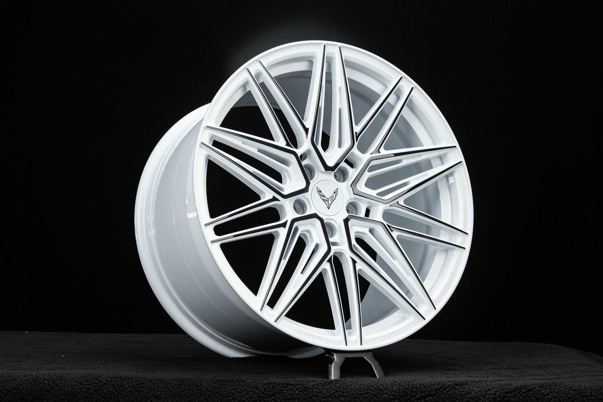 2024 Corvette C8 Stingray custom 2-piece forged wheels, RVRN RV-MS808, Pearl White and Gloss Black, 20x9 +45MM / 21x12 +64MM
