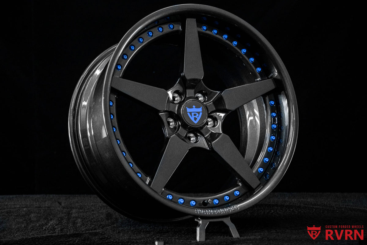 Angled view of custom Ford Mustang wheels by RVRN featuring the RV-DF14 2-piece forged 5-spoke design in Gloss Gunmetal.