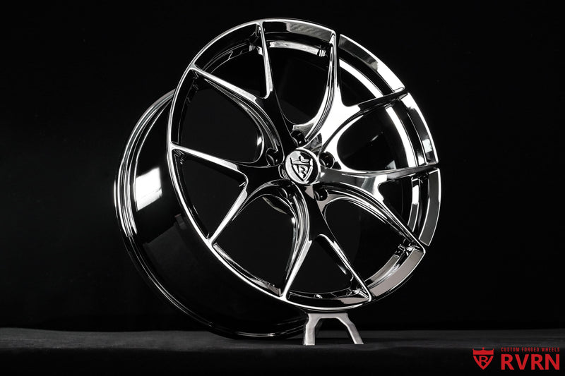 Custom black chrome Benz wheels featuring the RVRN RV-MR05 Y-spoke forged profile and 20x8 +27MM front, 20x10 +45MM rear fitment