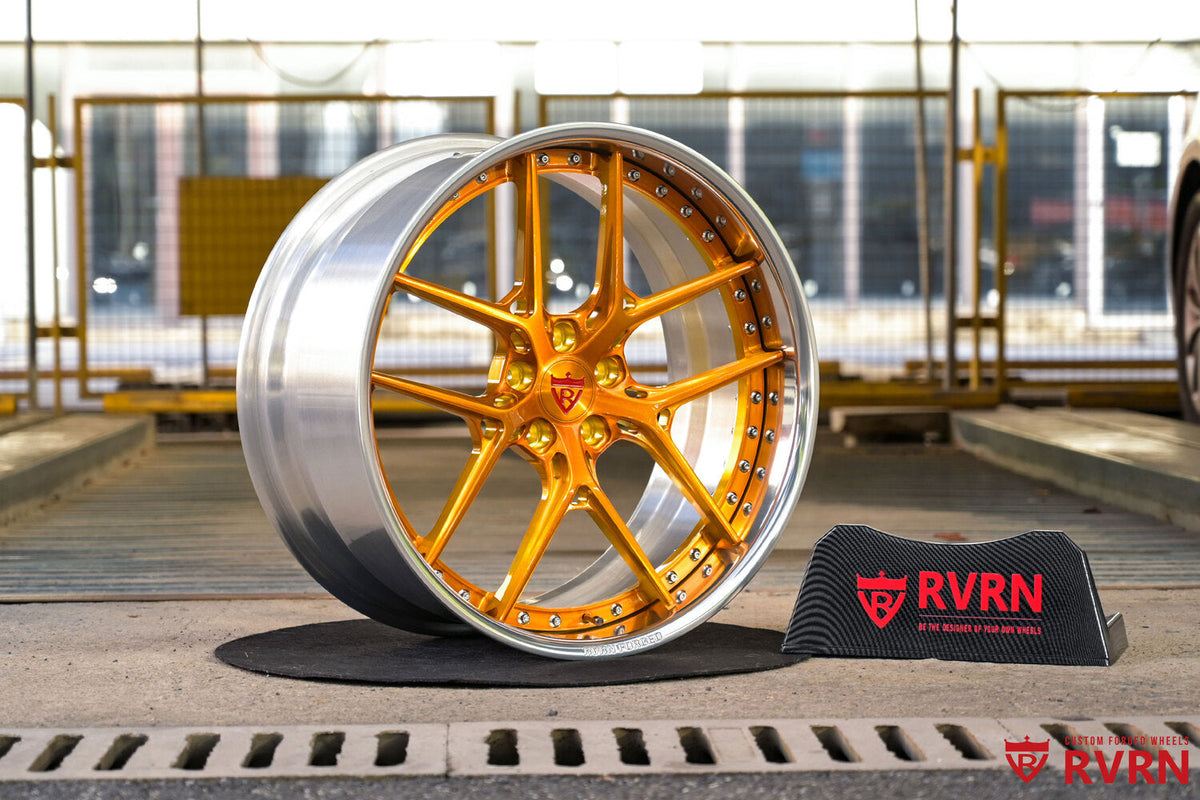 2024 Tesla Model Y Performance Custom Brushed Dark Gold Forged Wheels: RV-DR08D showcased with RVRN branding.