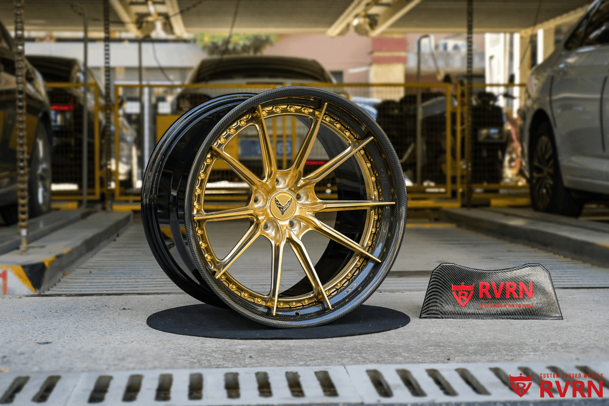2025 Corvette C8 E-Ray custom 2-piece forged wheels, RVRN RV-DC05, Polished Frozen Gold and Gloss Black, 20x10 +27MM / 21x13 +27MM