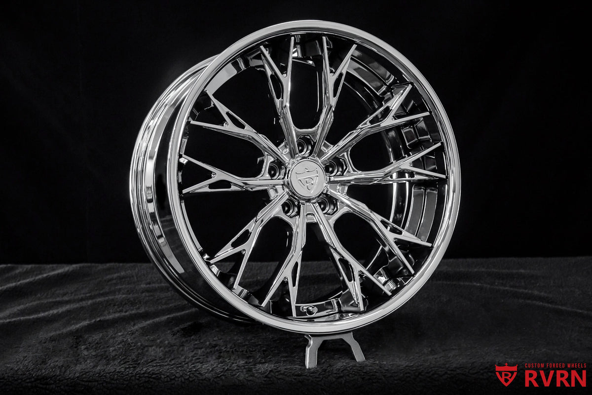 RVRN RV-DC04 custom chrome forged wheels for Corvette C8 Z06 with Y spoke styling, 20x10 +27MM front and 21x13 +27MM rear fitment