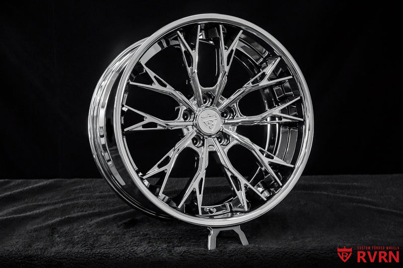 RVRN RV-DC04 custom chrome forged wheels for Corvette C8 Z06 with Y spoke styling, 20x10 +27MM front and 21x13 +27MM rear fitment