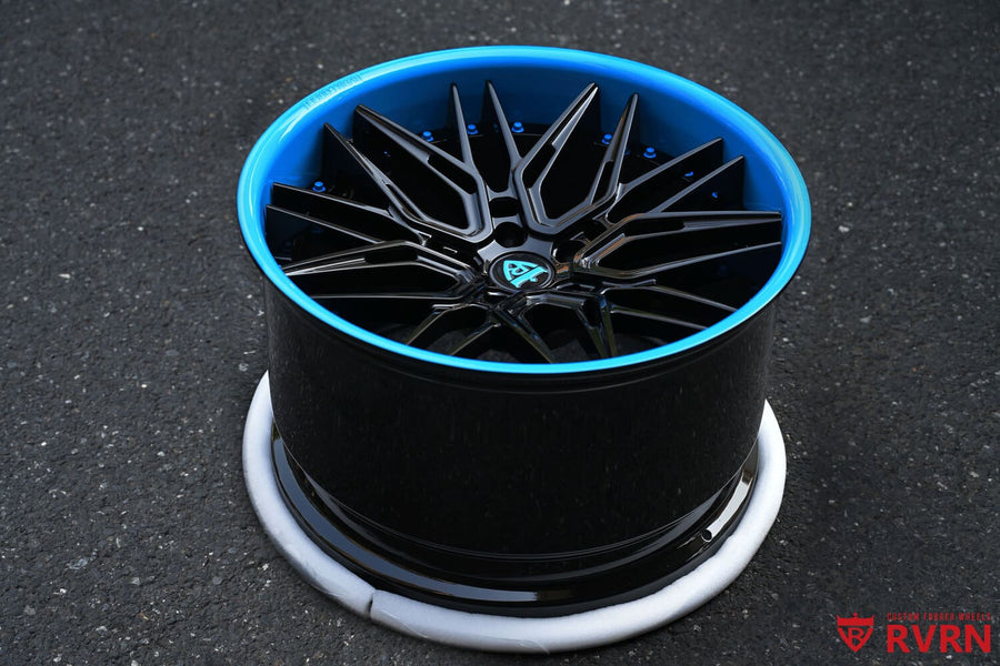 2025 Corvette C8 Z06 custom 2-piece concave forged wheels, RVRN RV-T081, Gloss Black and Color-Matched Rapid Blue, 20x10 +27MM / 21x13 +27MM