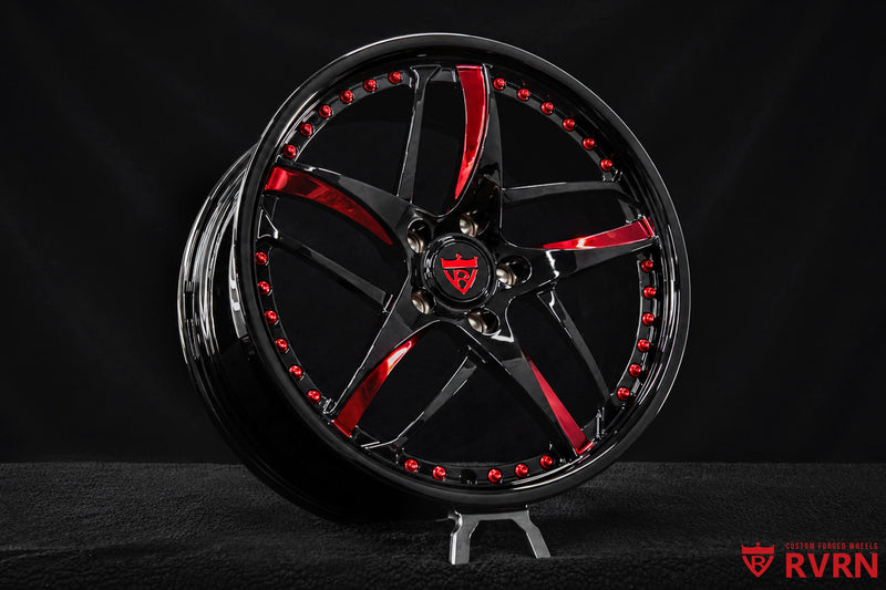 Front view of a 2025 Corvette C8 Stingray on RVRN RV-MC36 custom forged wheels in gloss black and red finish, 19x8.5 front and 20x11 rear fitment