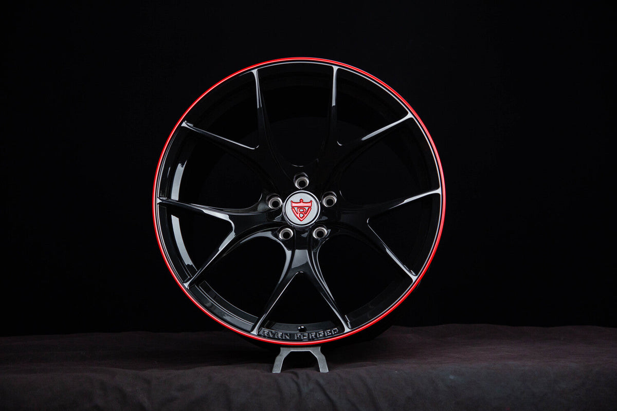 2025 Corvette C8 Z06 custom concave forged wheels, RVRN RV-MR05, Gloss Black and RVRN Red, 20x10 +29MM / 21x13 +22MM