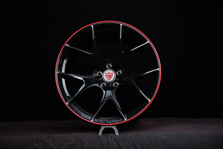 2025 Corvette C8 Z06 custom concave forged wheels, RVRN RV-MR05, Gloss Black and RVRN Red, 20x10 +29MM / 21x13 +22MM