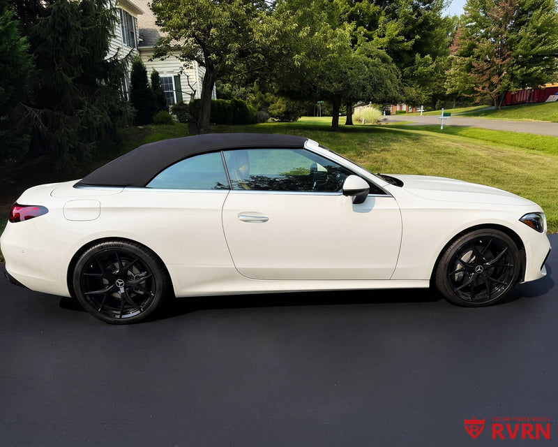 Side view of a 2025 Mercedes-Benz CLE300 on RVRN RV-MR05 lightweight forged monoblock wheels in piano black finish.