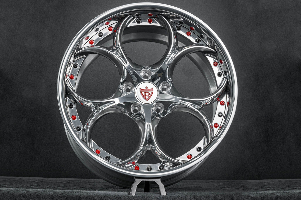 2019 Corvette C7 Grand Sport Custom Deep Dish Diamond Polish Wheels : RV-DS016 showcased on a display stand with polished chrome finish.