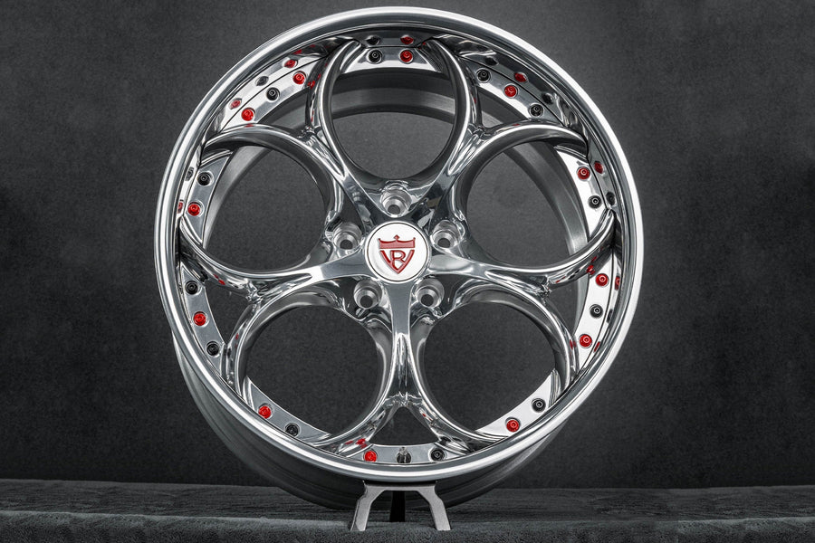 2019 Corvette C7 Grand Sport Custom Deep Dish Diamond Polish Wheels : RV-DS016 showcased on a display stand with polished chrome finish.