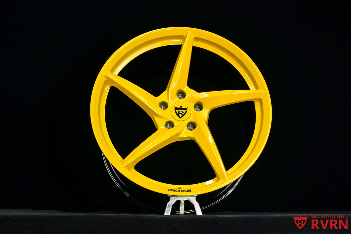 Competition Yellow five-spoke forged wheel with gloss black barrel, RVRN RV-MC35 custom wheels for the 2026 Corvette C8 Stingray